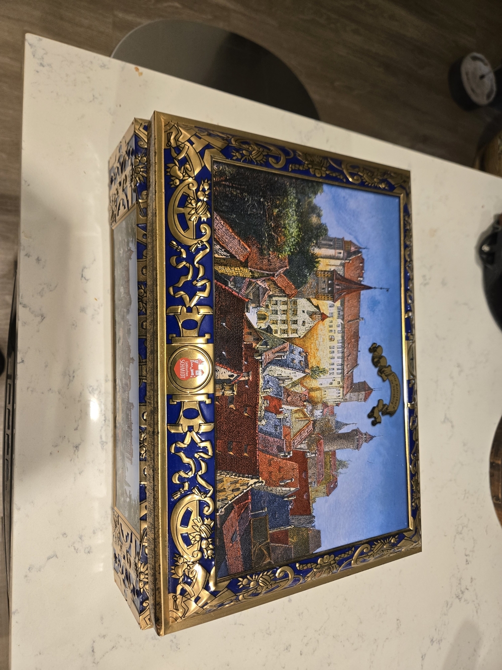German Cookie Tin Decorative Scenic Box with Blue and Gold Accents